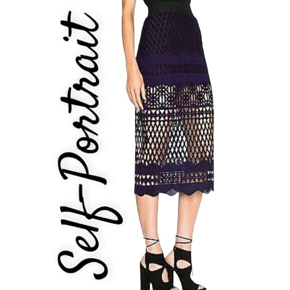 NWT Self-Portrait Cutwork Lace Pencil Skirt in Deep Purple & Black, Size 0 - Picture 4 of 12